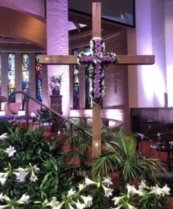 flower cross inside coker methodist church celebrating easter sunday