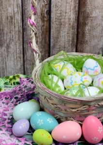 basket of colorful easter eggs for family easter egg hunt event