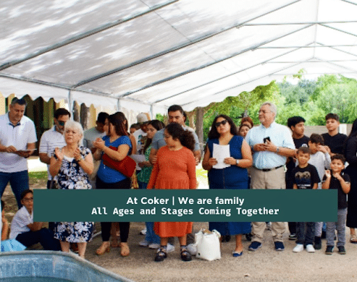 Families and members of Coker Methodist Church gathering together for worship and community outdoors in San Antonio, Texas.