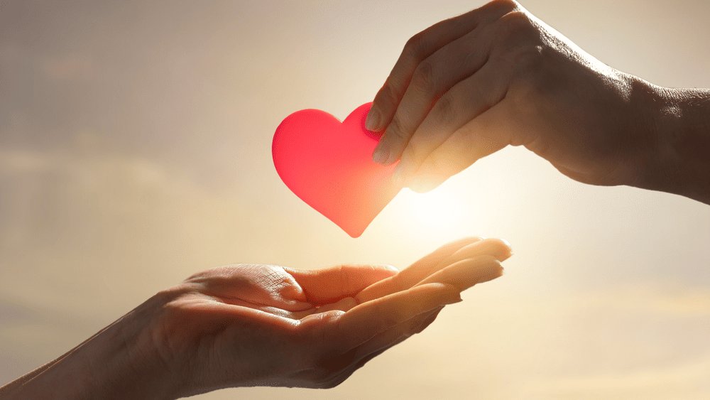 Hands holding a red heart, representing generosity, compassion, and the heart of giving
