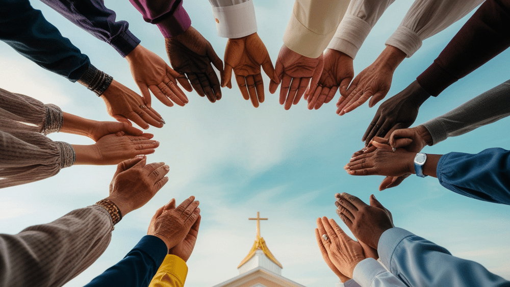 Hands joined in prayer over a church backdrop highlighting unity and faith in groups.